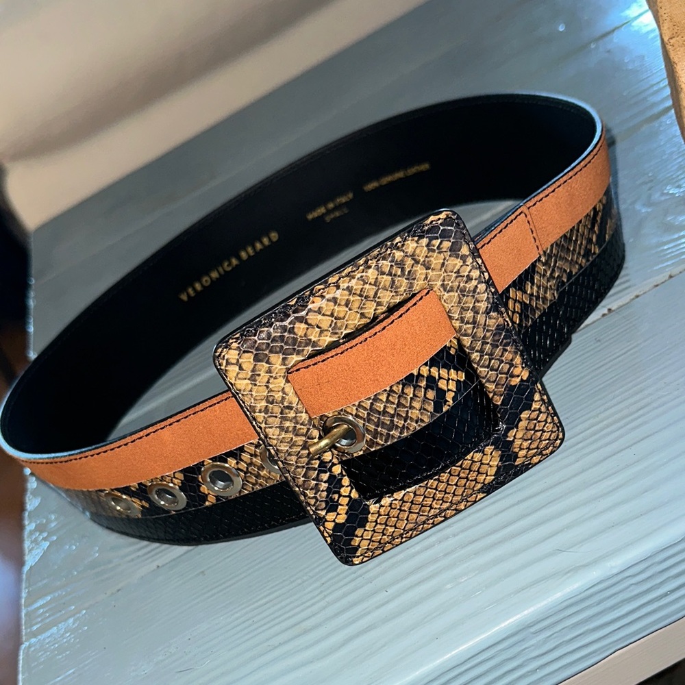 Veronica Beard Black and Tan Snake Print Belt - Picture 1 of 3